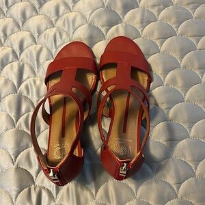 Red & brown colored New Directions heels.